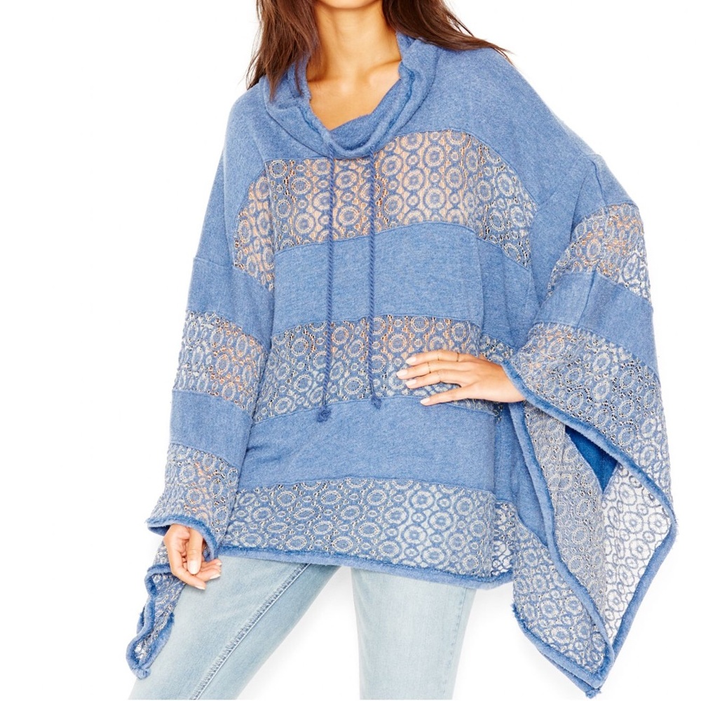 Free People Crochet-Lace French Terry Poncho, Blue